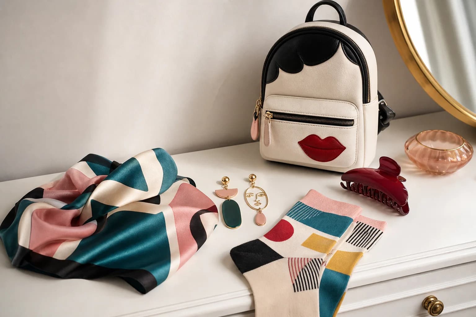 Statement accessories arranged on a dressing table